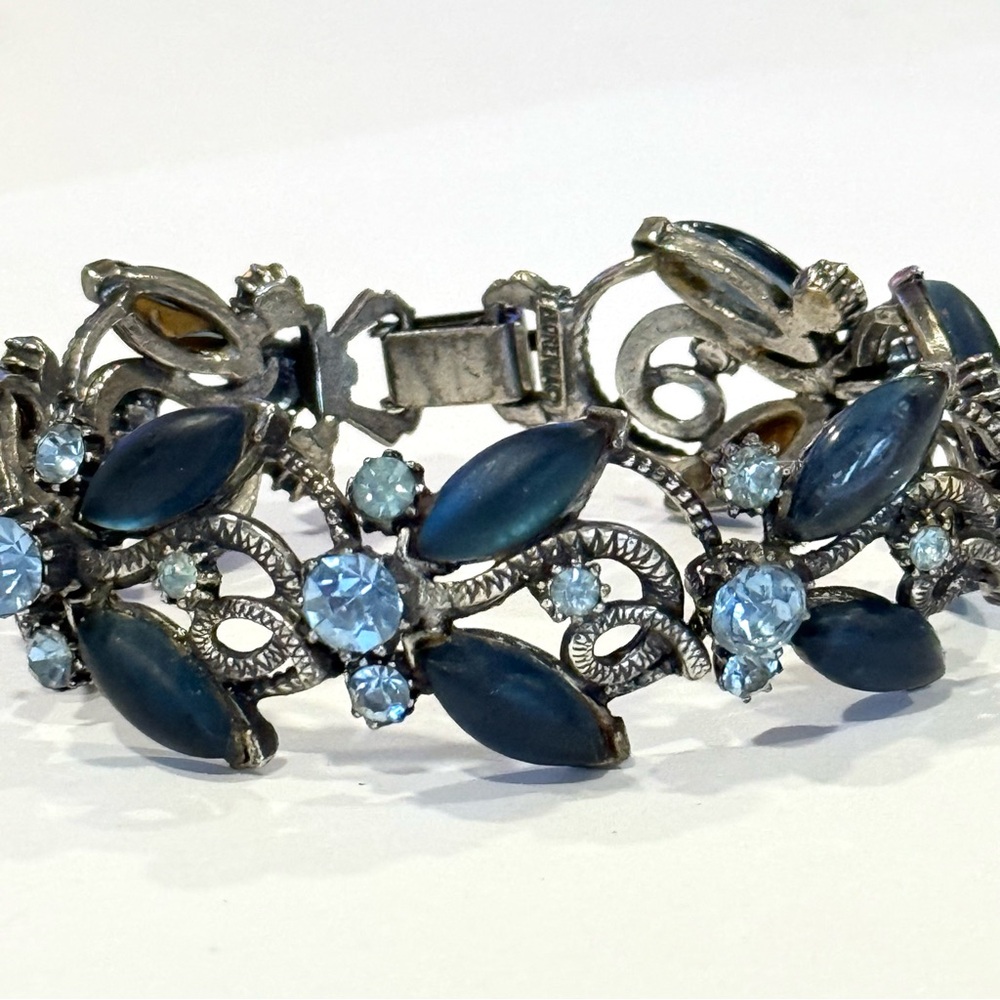 Vintage Florenza Blue Rhinestone Navette Marquise Bracelet Silver Tone Statement - Picture 4 of 16